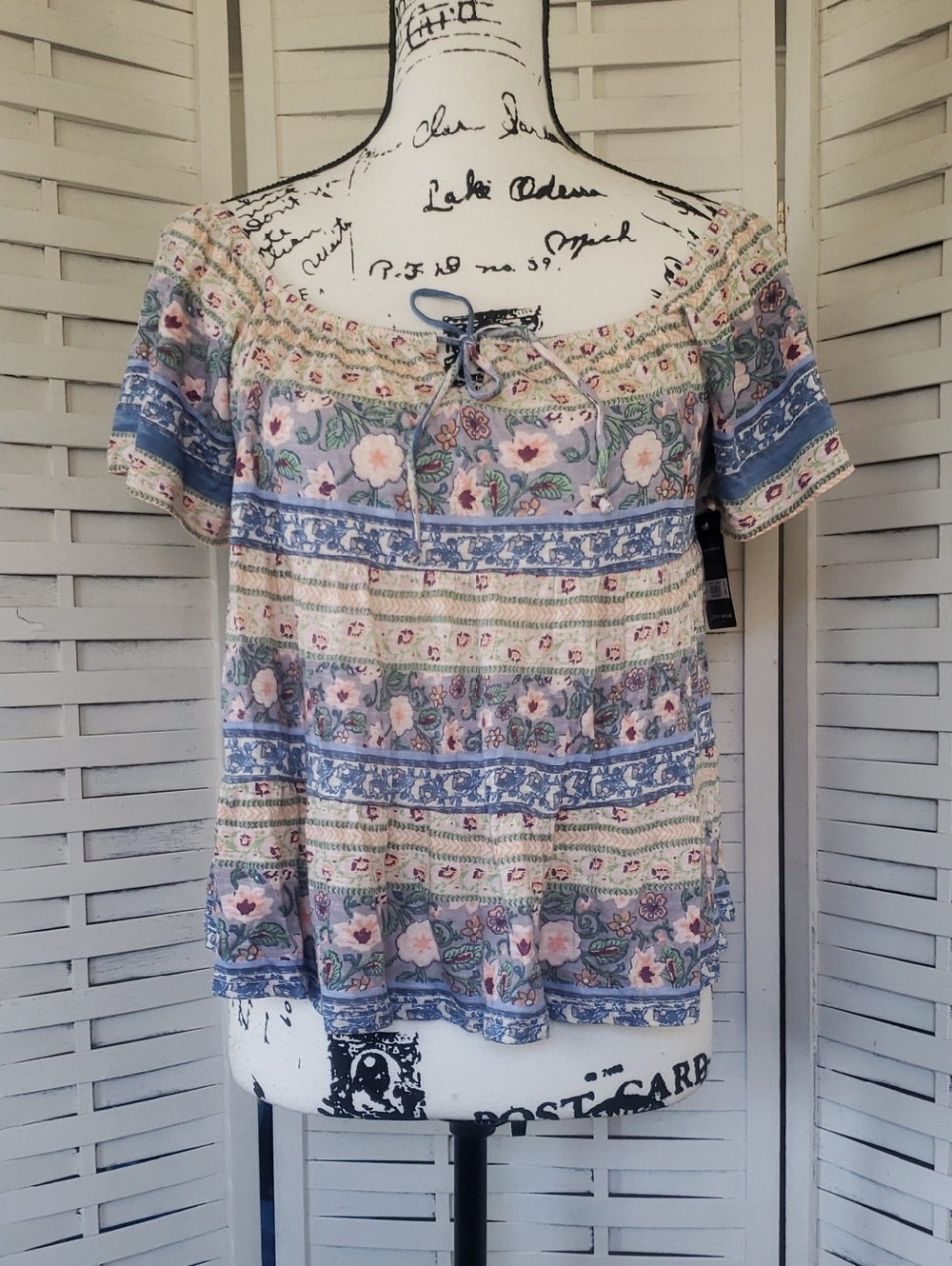 Lucky Brand Floral Peasant Top with Blue Trim - Women New